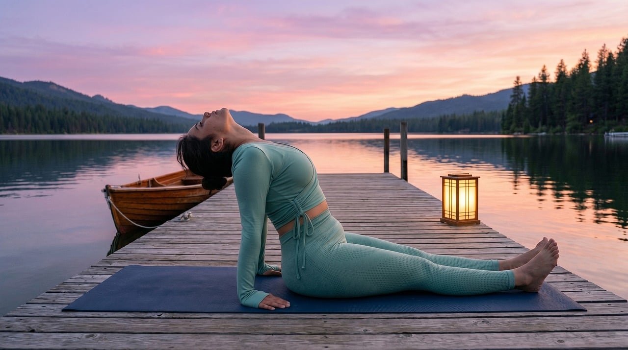 yoga, nature, sunset, lake, wooden dock, exercise, meditation, mental health, wellness, relaxation, lifestyle, activewear, outdoor, yoga pose, calm atmosphere, water landscape, focus, silence, fitness fashion, balance, self care