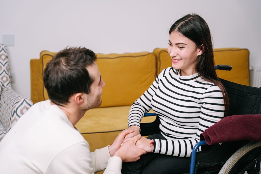 Happy couple sharing a warm moment of care and comfort indoors.