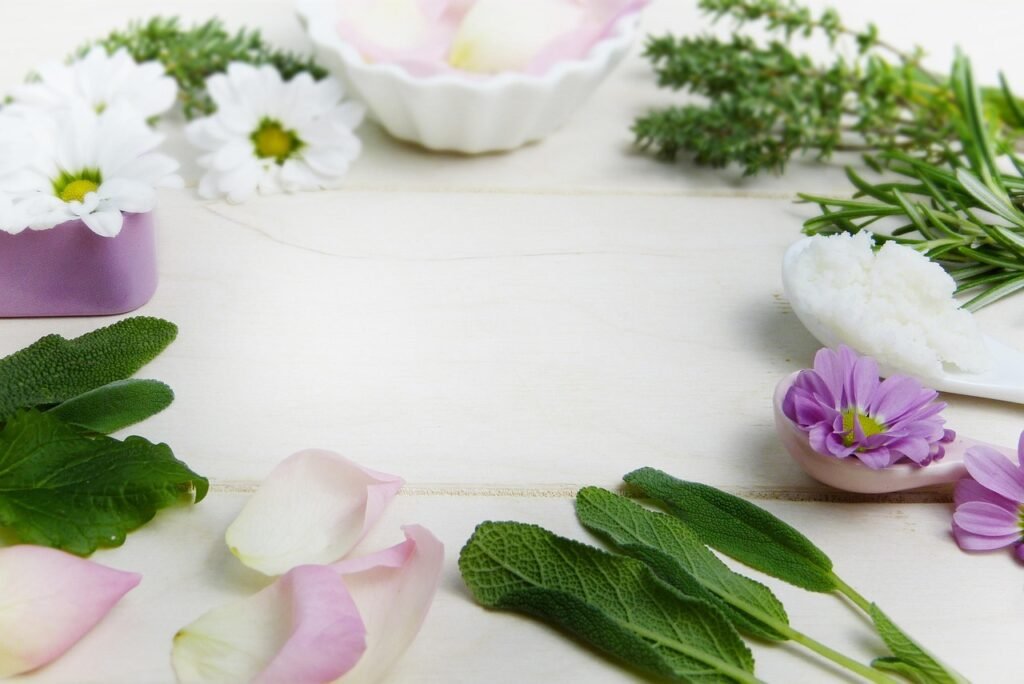 herbs, thyme, sage, rose, blossoms, petals, pink, cosmetics, essential oils, shea butter, coconut oil, nature, plants, phytotherapy, alternative medicine, homemade, bio, naturally, skin care, to bathe, wellness, vacations, invitation, greeting card, skin, skin blemishes, treat, acne, rose flower, puberty, health, ecologically, aromatherapy, healing